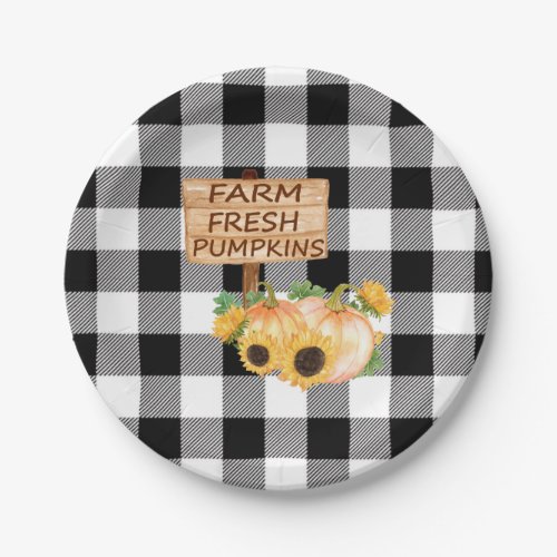 Rustic Black and White Plaid with Fall Pumpkins Paper Plates