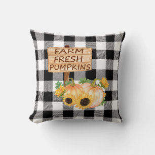 Rustic Black and White Plaid with Fall Pumpkins Throw Pillow