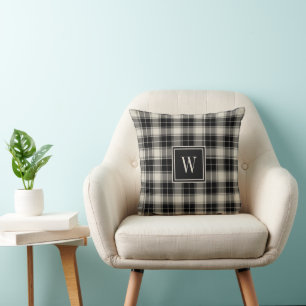 Rustic Black and White Plaid with Monogram Throw Pillow