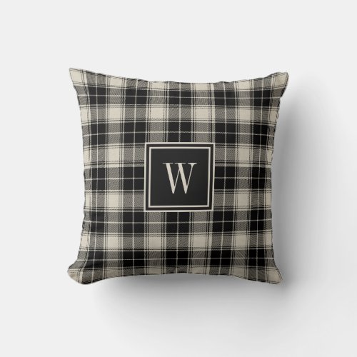 Rustic Black and White Plaid with Monogram Throw Pillow