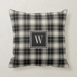 Rustic Black and White Plaid with Monogram Throw Pillow