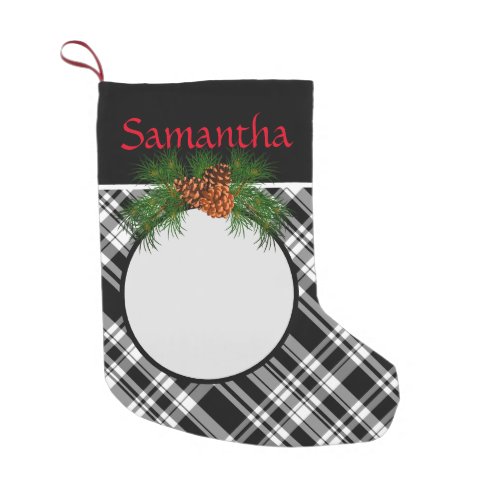 Rustic black and white plaid with pine cone small christmas stocking