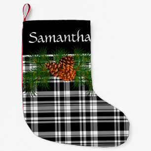 Rustic black and white plaid with pine cone small christmas stocking