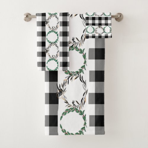 Rustic Black and White Plaid Wreath Christmas  Bath Towel Set