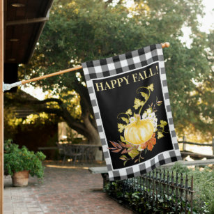 Rustic Black and White Plaids Pumpkin Autumn Fall House Flag