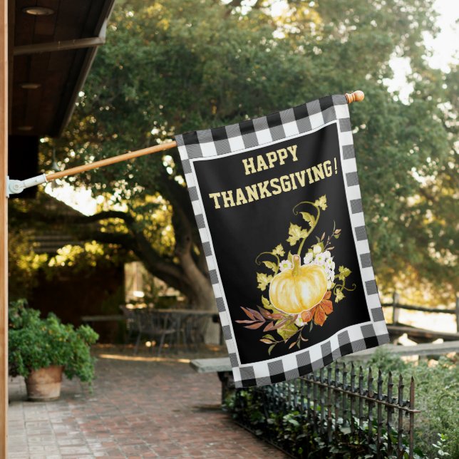 Rustic Black and White Plaids Pumpkin Thanksgiving House Flag (In SItu)