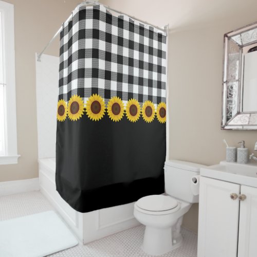 Rustic Black and White Plaids Sunflower Pattern Sh Shower Curtain