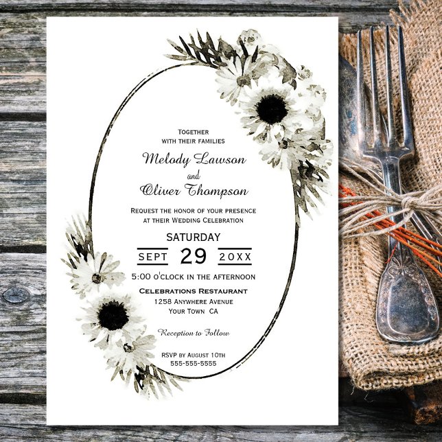 Rustic Black and White Sunflower Floral Wedding Invitation (Creator Uploaded)