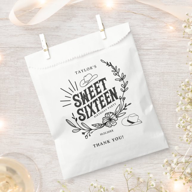 Rustic Black and White Sweet Sixteen Birthday Favor Bag (Clipped)