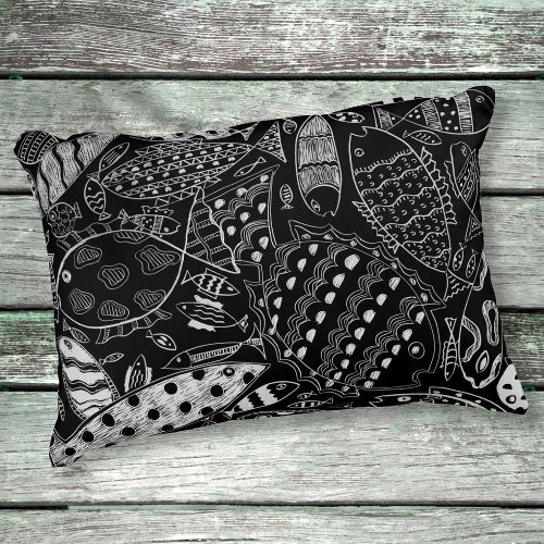 Rustic Black And White Whimsical Fish Pattern  Accent Pillow