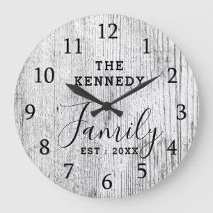 Rustic Black And White Wood Family Name Farmhouse Large Clock