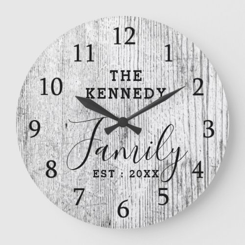 Rustic Black And White Wood Family Name Farmhouse  Large Clock