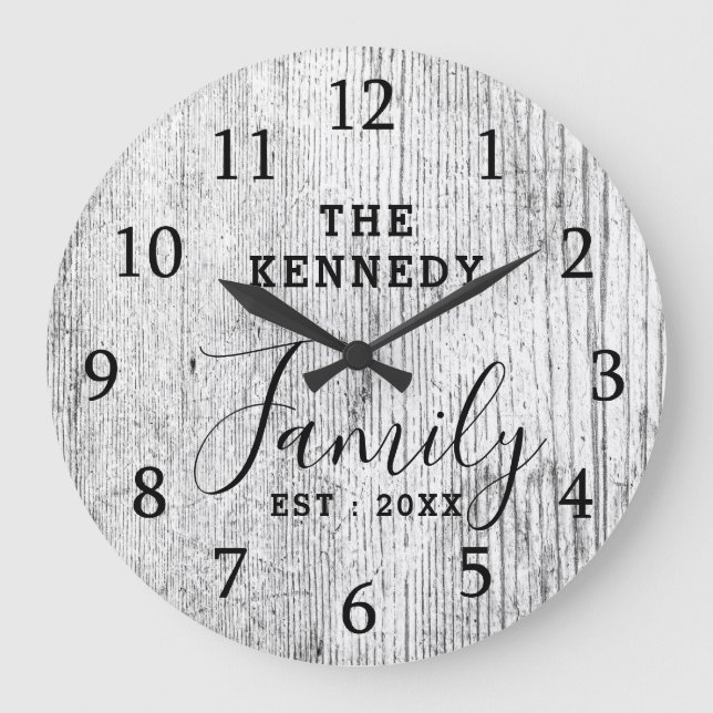 Rustic Black And White Wood Family Name Farmhouse  Large Clock (Front)