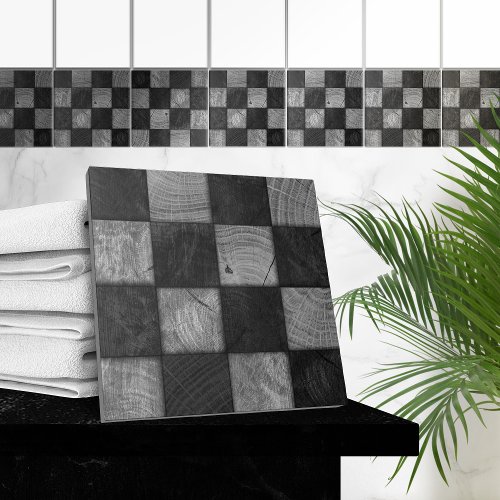 Rustic Black and White Wood Square Mosaic Art Ceramic Tile