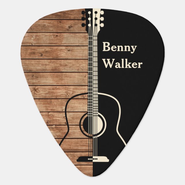 Rustic Black and Wood Acoustic Guitar Name Split Guitar Pick (Front)