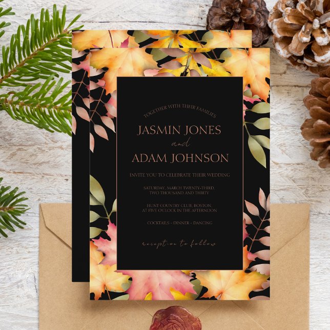 Rustic Black Autumn Leaves Panel Wedding Invitation (Creator Uploaded)