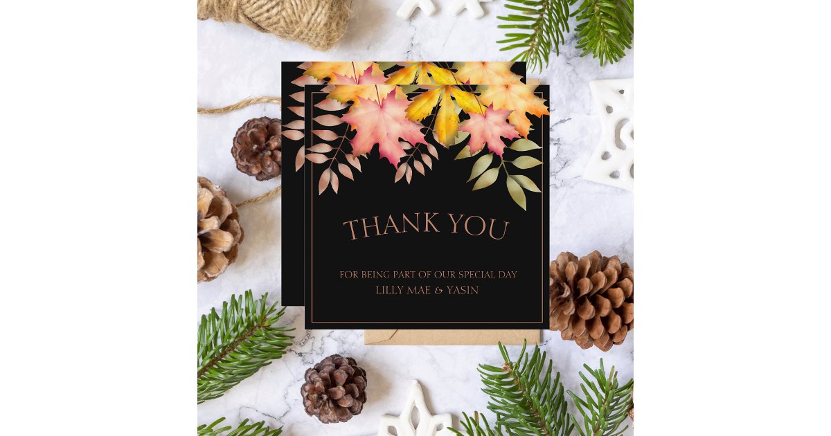 Rustic Black Autumn Leaves Wedding Thank You Card | Zazzle