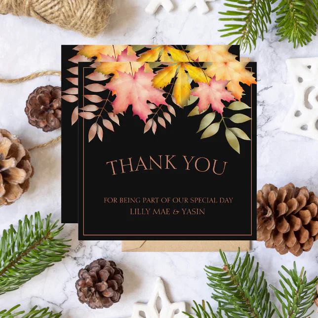 Rustic Black Autumn Leaves Wedding Thank You Card | Zazzle