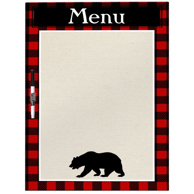 Rustic Black Bear & Buffalo Check Plaid Menu Dry-Erase Board (Front)