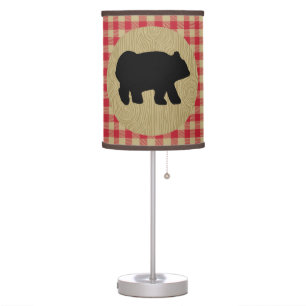 Rustic Black Bear Checkered Pattern Lodge Cabin Table Lamp