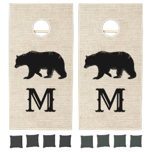 Rustic Black Bear Distressed Burlap Lodge Cornhole Set