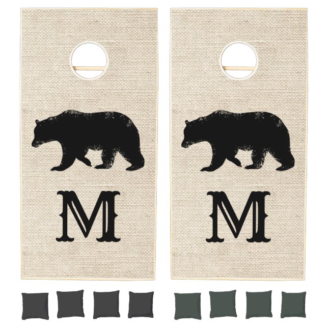Rustic Black Bear Distressed Burlap Lodge Cornhole Set (Set)