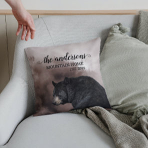Rustic Black Bear Forest Cabin Decor Monogram  Throw Pillow
