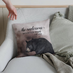 Rustic Black Bear Forest Cabin Decor Monogram Throw Pillow
