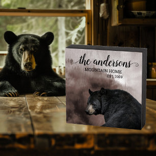 Rustic Black Bear Forest Cabin Decor Monogram Wooden Box Sign