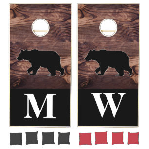 Rustic Black Bear Lodge Wood Monogram Cornhole Set