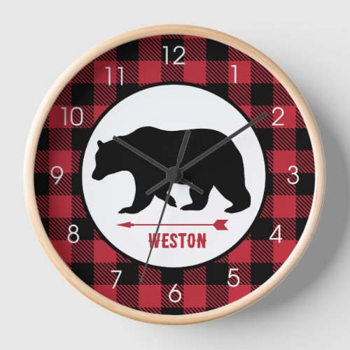 Rustic Black Bear Lumberjack Buffalo Plaid Clock