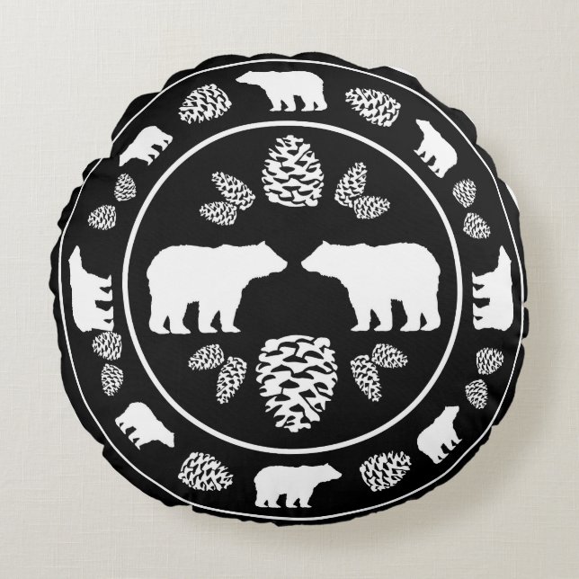 Rustic black bear pinecone round pillow (Front)