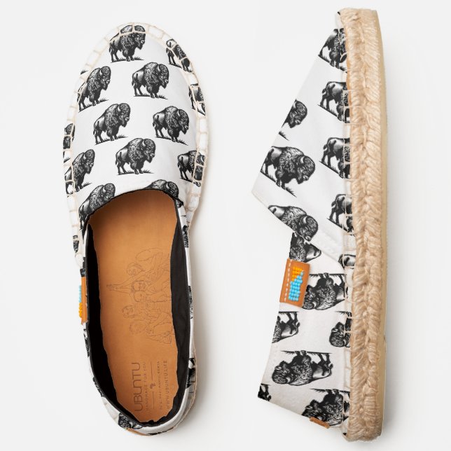 Rustic Black Bison Standing Pattern White Canvas Espadrilles (Side)