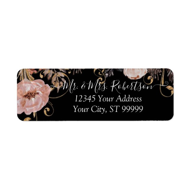 Rustic Black Blush Watercolor Rose Gold Floral Label (Front)