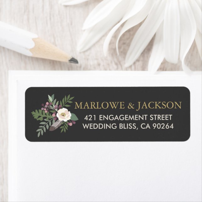 Rustic Black Boho Floral Feather Wedding Label (Insitu)