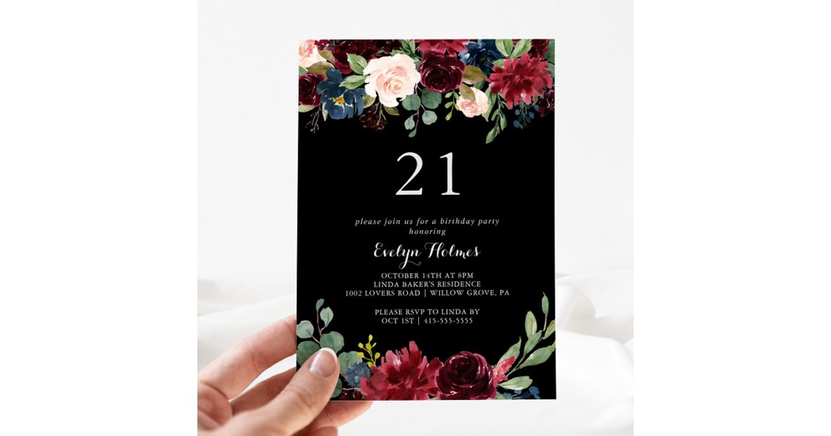 Rustic black Botanical 21st Birthday Party Invitation | Zazzle