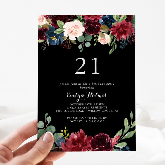 Rustic black Botanical 21st Birthday Party  Invitation (Creator Uploaded)