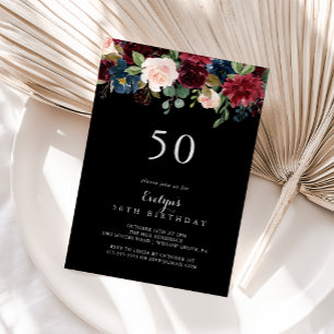 Rustic Black Botanical 50th Birthday Party Invitation