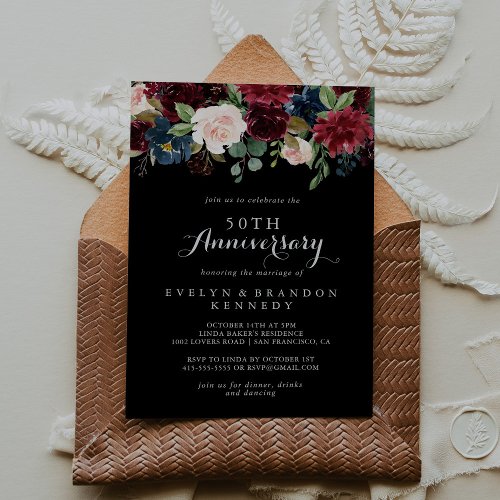 Rustic Black Botanical 50th Wedding Anniversary Invitation
