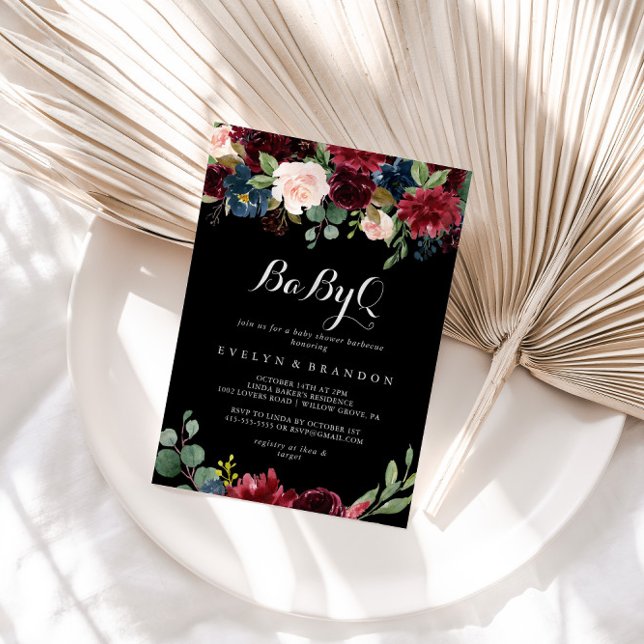 Rustic Black Botanical BabyQ Baby Shower Barbecue  Invitation (Creator Uploaded)