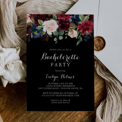 Rustic Black Botanical Bachelorette Party Invitation