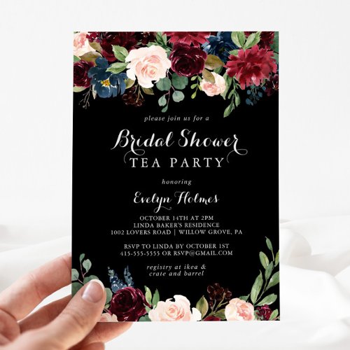 Rustic Black Botanical Bridal Shower Tea Party  Invitation