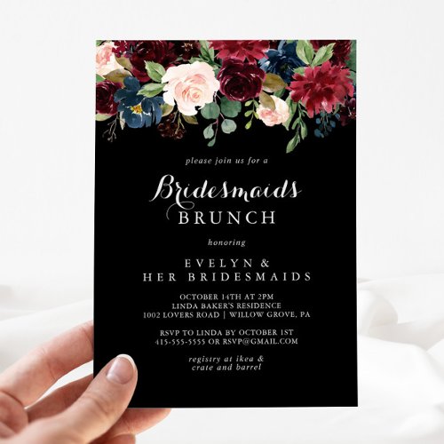 Rustic Black Botanical Bridesmaids Brunch Shower  Invitation