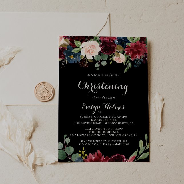 Rustic Black Botanical Christening  Invitation (Creator Uploaded)
