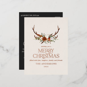 Rustic black botanical elegant stag modern floral foil holiday postcard