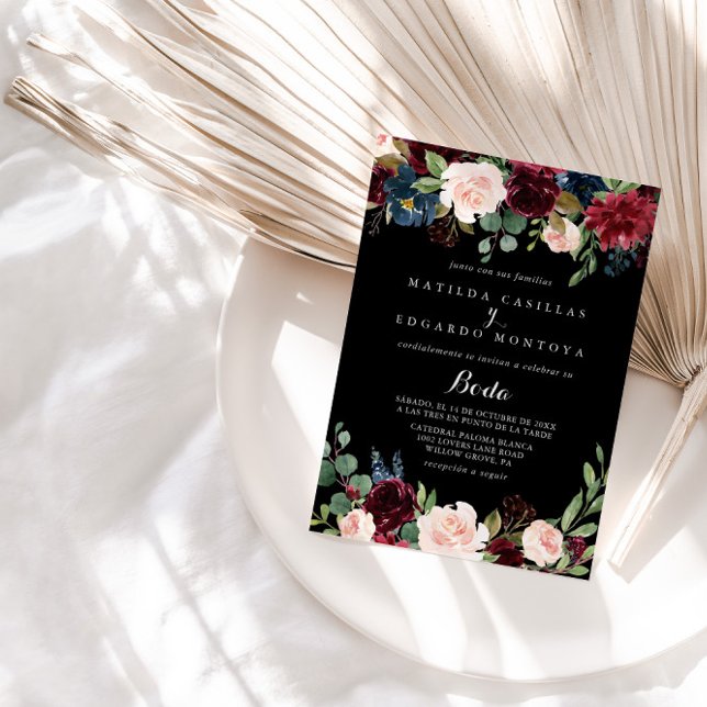 Rustic Black Botanical Formal Spanish Wedding Invitation (Creator Uploaded)