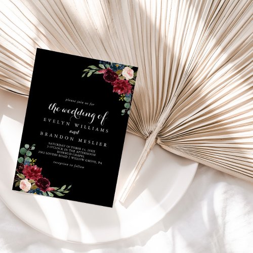 Rustic Black Botanical Formal Wedding  Invitation