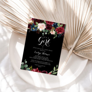 Rustic Black Botanical It's A Girl Baby Shower Invitation