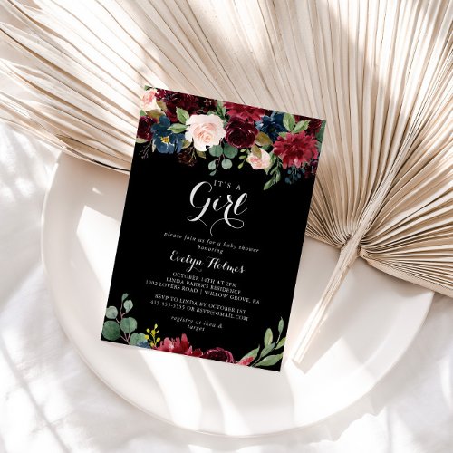 Rustic Black Botanical Its A Girl Baby Shower  Invitation