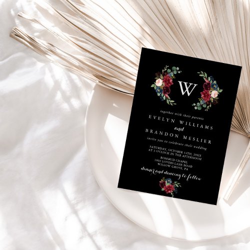 Rustic Black Botanical Monogram Wedding  Invitation